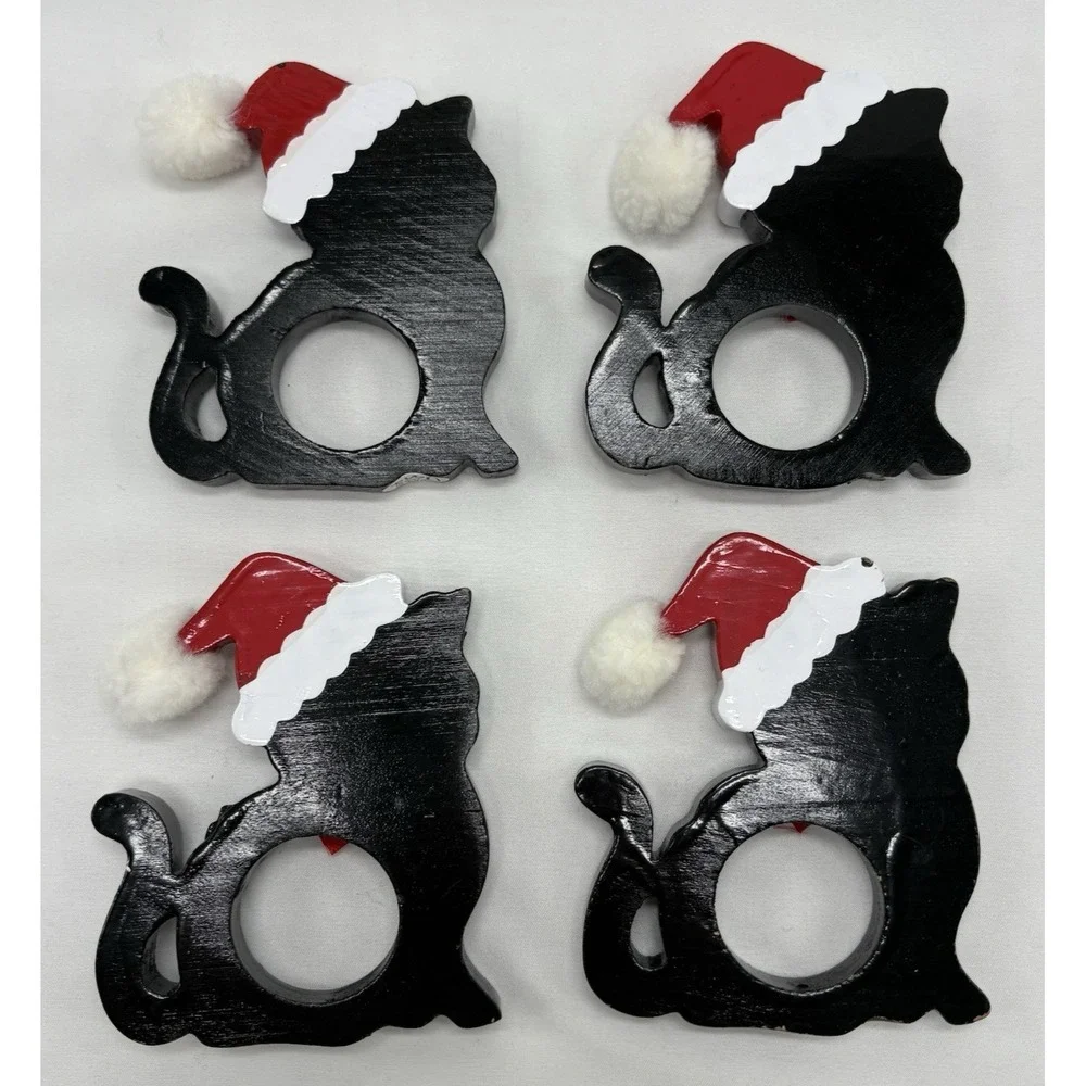 Vintage Christmas Black Cat Napkin Rings by Vera Wooden Set of 4 Santa Hats Cats